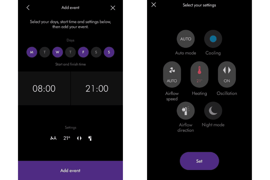 The programme with weekday, time and function in the Dyson Link app, and the simple timer function.